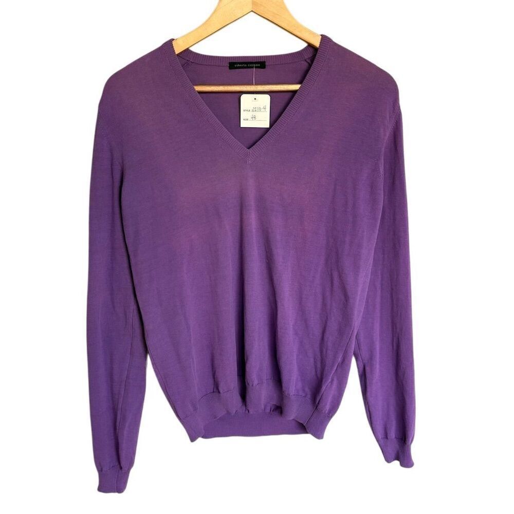 Roberto Collina Unisex V-Neck Cotton and Leather Purple Sweater Size 48